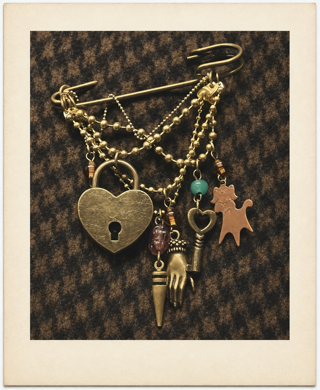 KRT Safety Brooch styled shot on vintage card background